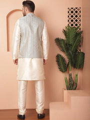 Men's Woven Design Nehru Jacket With Solid Kurta Pyjama-JOKPWC-636