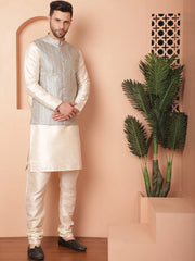 Men's Woven Design Nehru Jacket With Solid Kurta Pyjama-JOKPWC-636