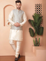 Men's Woven Design Nehru Jacket With Solid Kurta Pyjama-JOKPWC-636