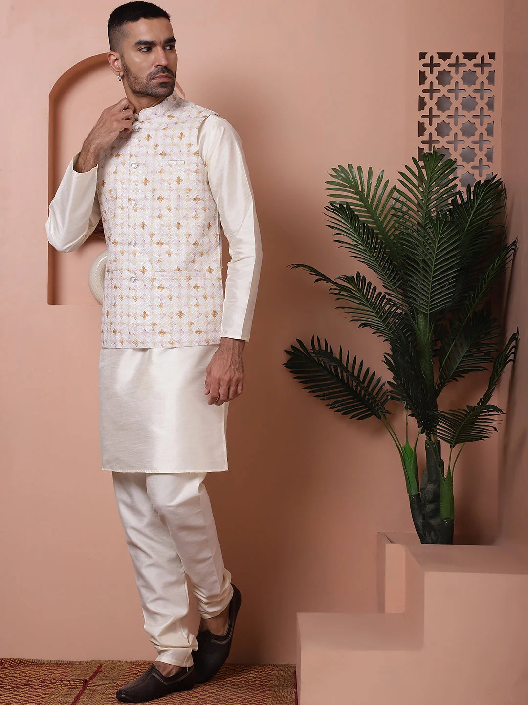 Off White Nehru Jacket Kurta Pajama Set | Mens Ethnic