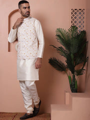 Sequins and Printed Nehru Jacket With Solid Kurta Pyjama-JOKPWC-636WH