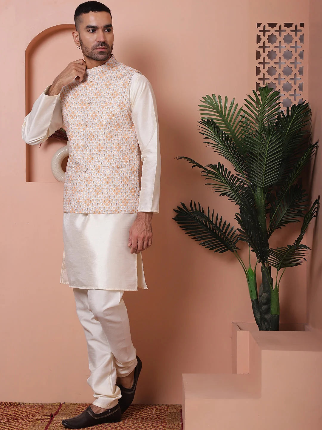 Orange Nehru Jacket with Kurta Pajama Set | Mens