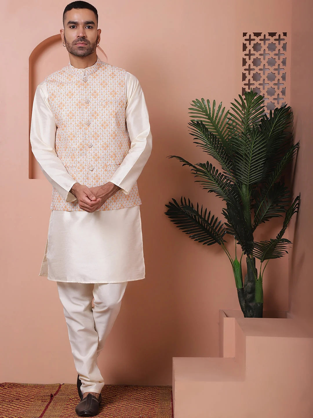 Orange Nehru Jacket with Kurta Pajama Set | Mens