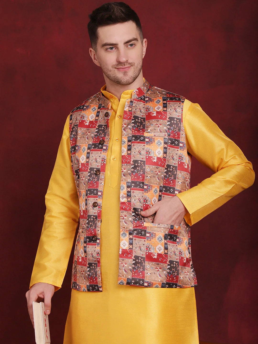 Shop Multi Printed Nehru Jacket with Kurta Pajama Set | Ethnic Wear