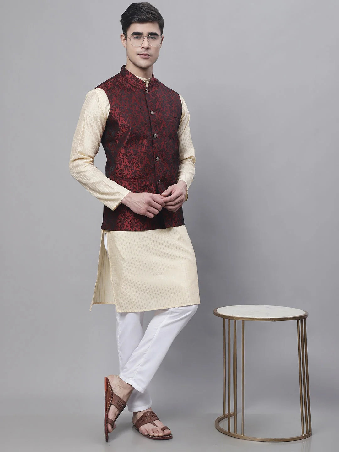 Men's Beige Embroidered Kurta Pyjama With Woven Design Nehru Jacket-JOKPWC-666BG