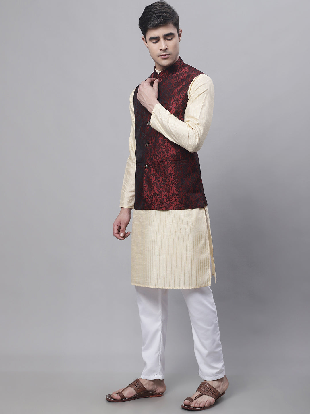 Beige Embroidered Mens Kurta Pajama Set with Woven Nehru Jacket