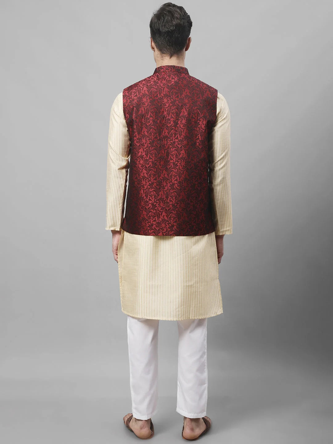 Beige Embroidered Mens Kurta Pajama Set with Woven Nehru Jacket