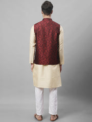 Men's Beige Embroidered Kurta Pyjama With Woven Design Nehru Jacket-JOKPWC-666BG