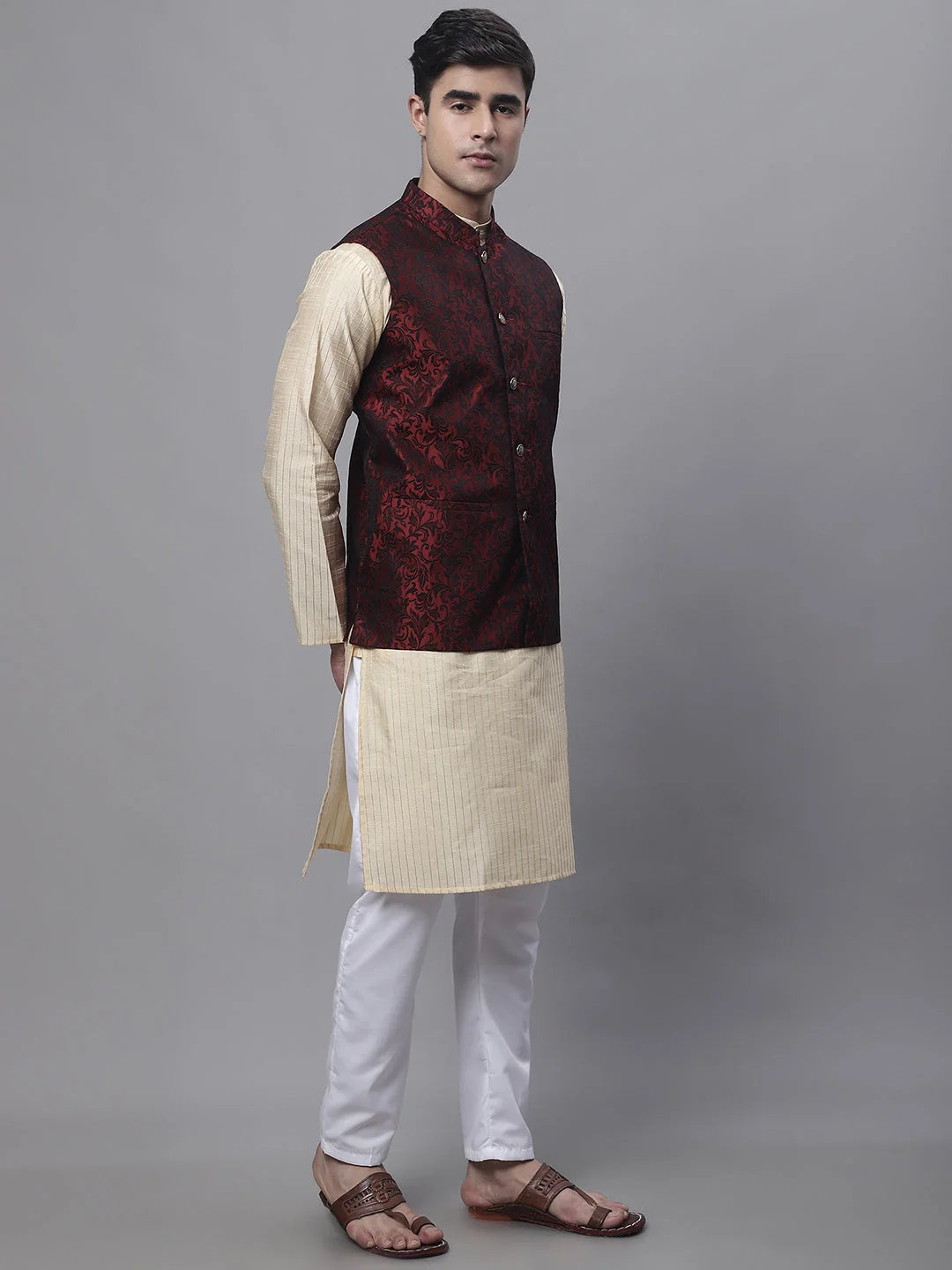 Beige Embroidered Mens Kurta Pajama Set with Woven Nehru Jacket