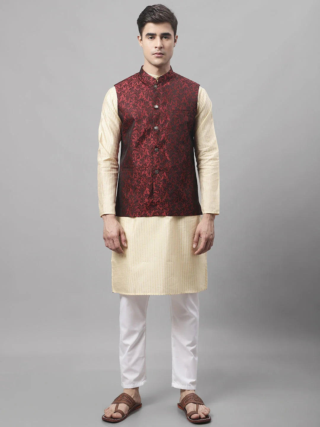Beige Embroidered Mens Kurta Pajama Set with Woven Nehru Jacket