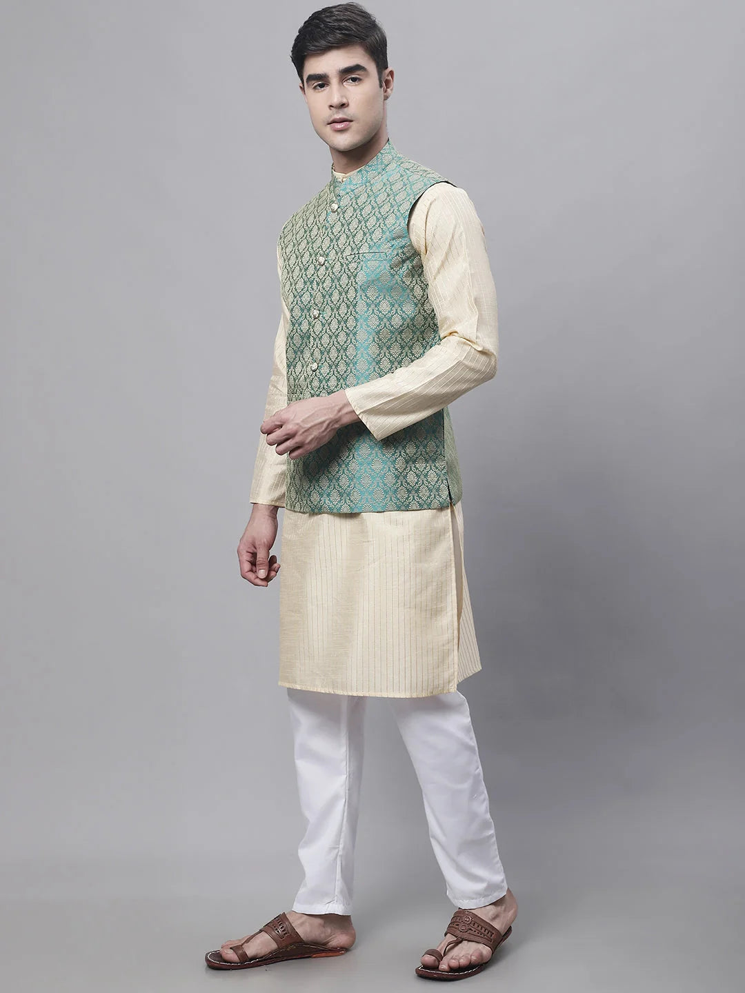 Beige Embroidered Kurta Pajama with Green Woven Nehru Jacket