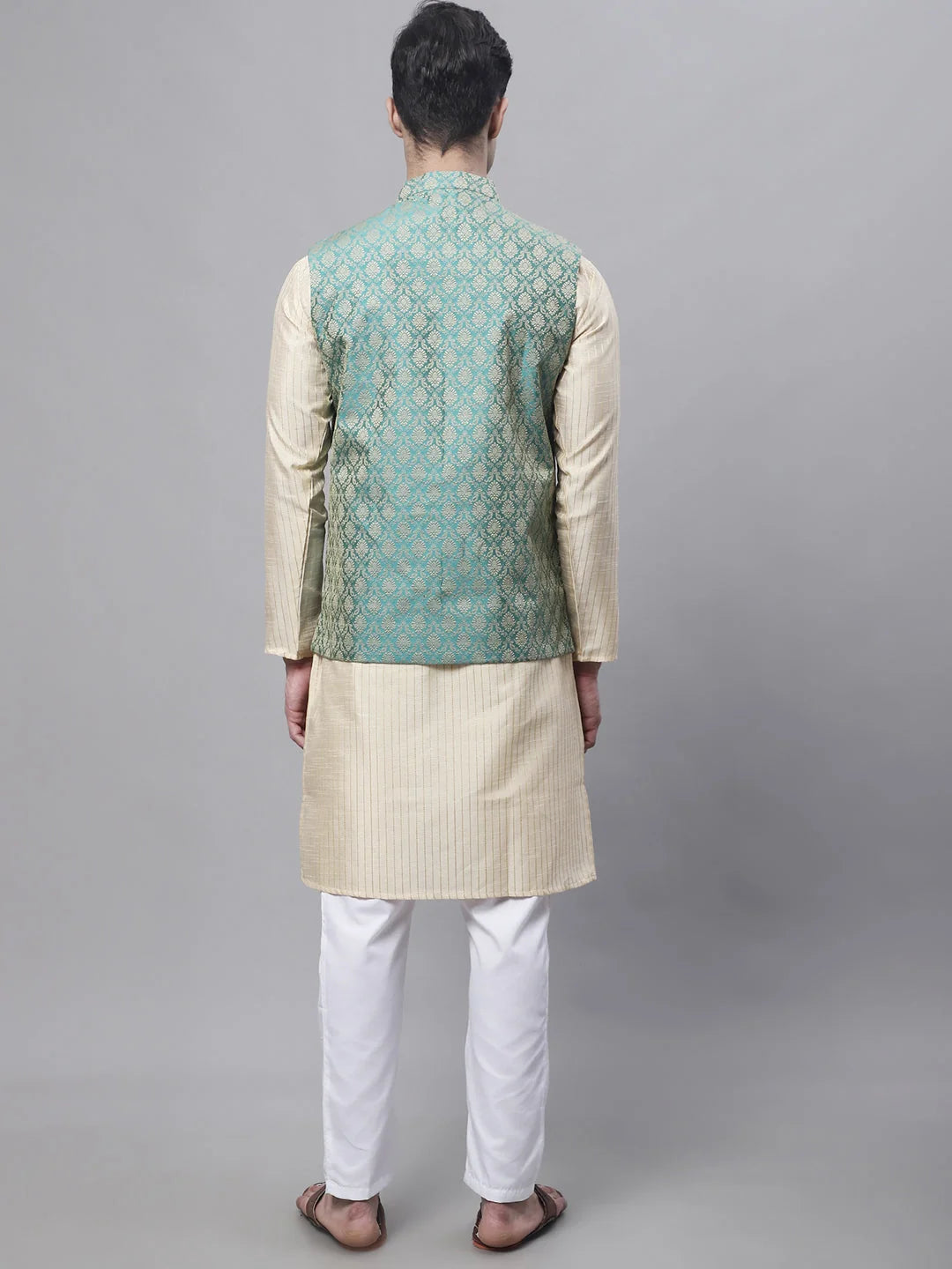 Beige Embroidered Kurta Pajama with Green Woven Nehru Jacket