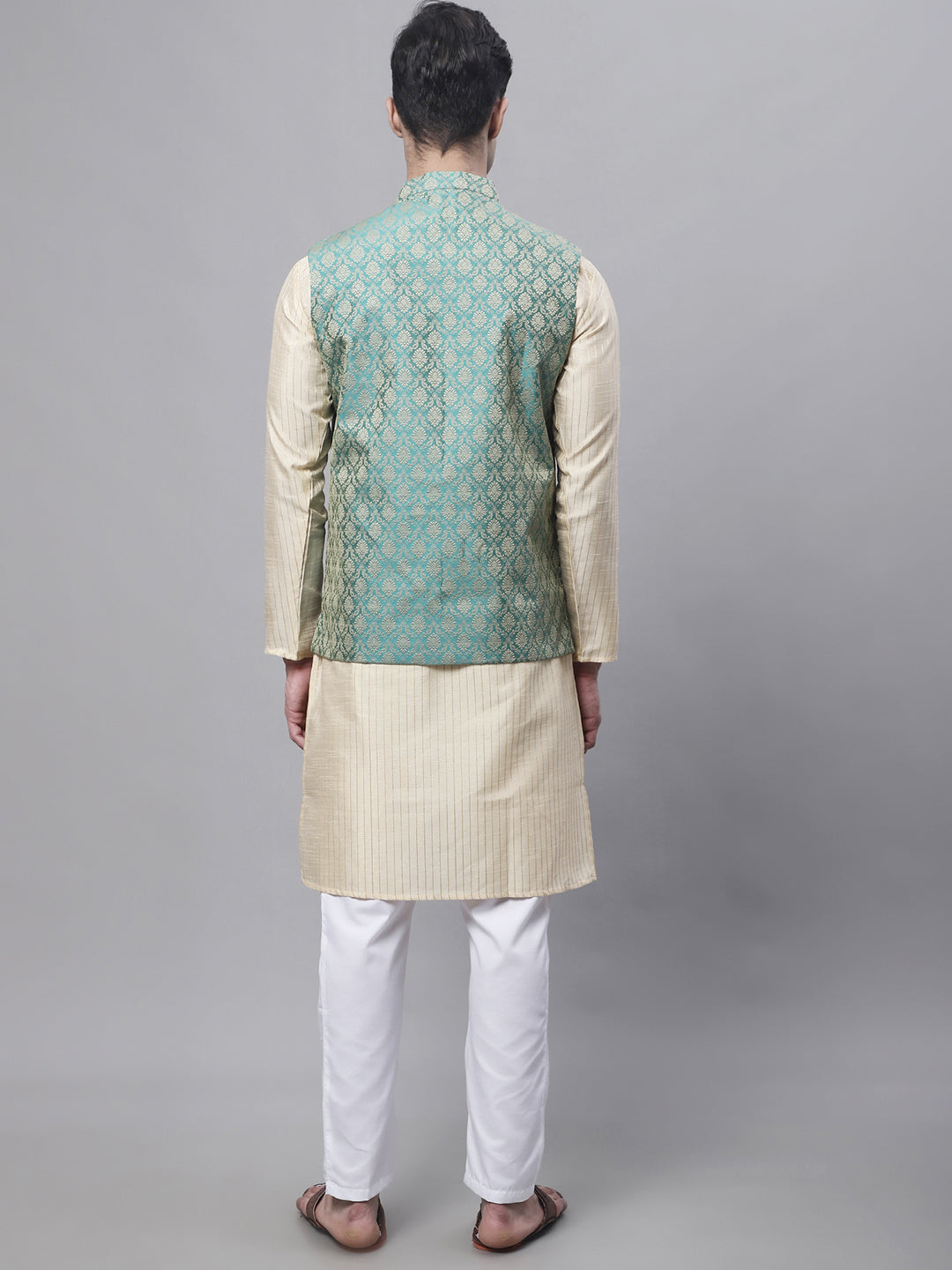 Beige Embroidered Kurta Pajama with Green Woven Nehru Jacket