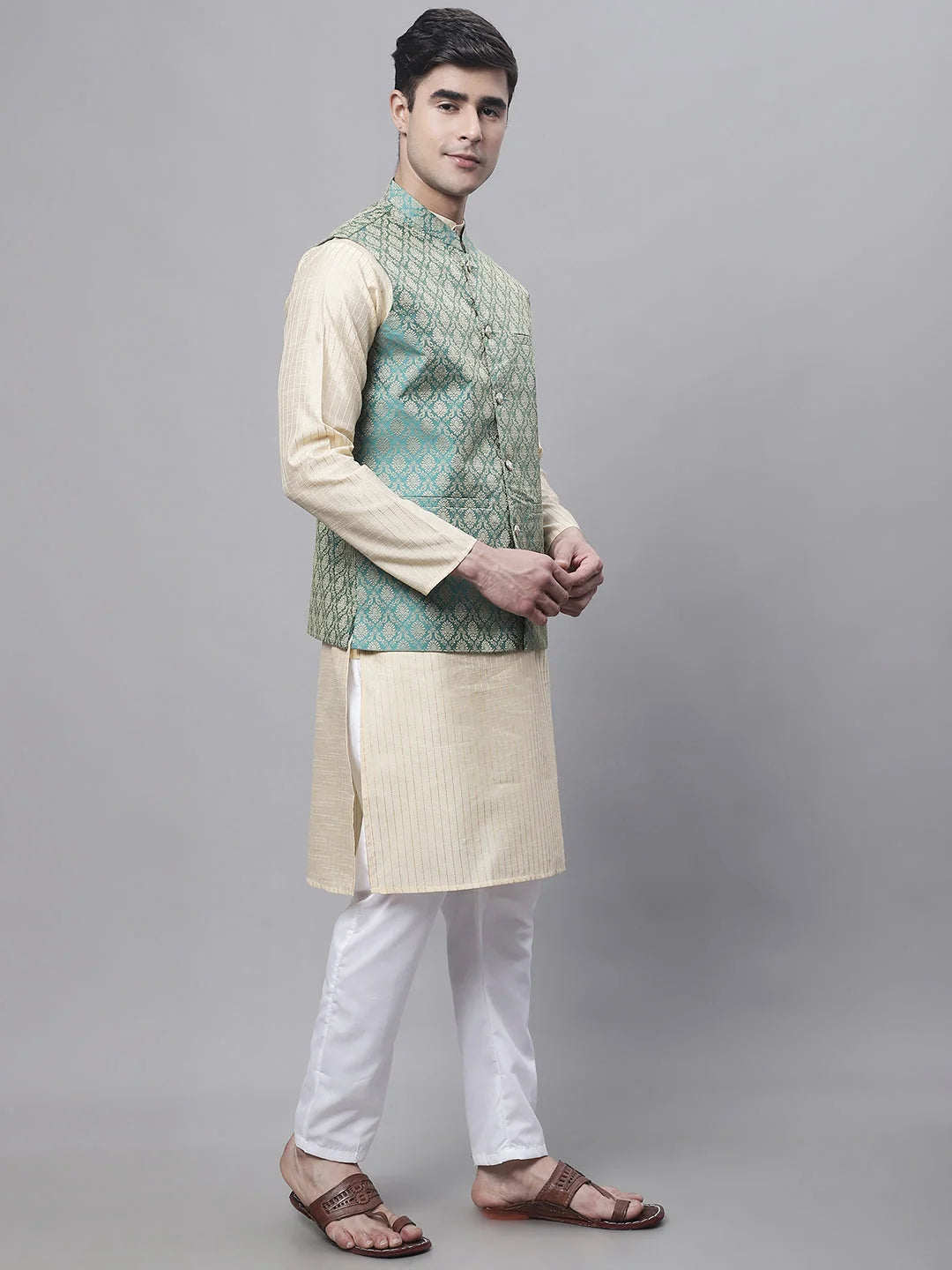 Beige Embroidered Kurta Pajama with Green Woven Nehru Jacket