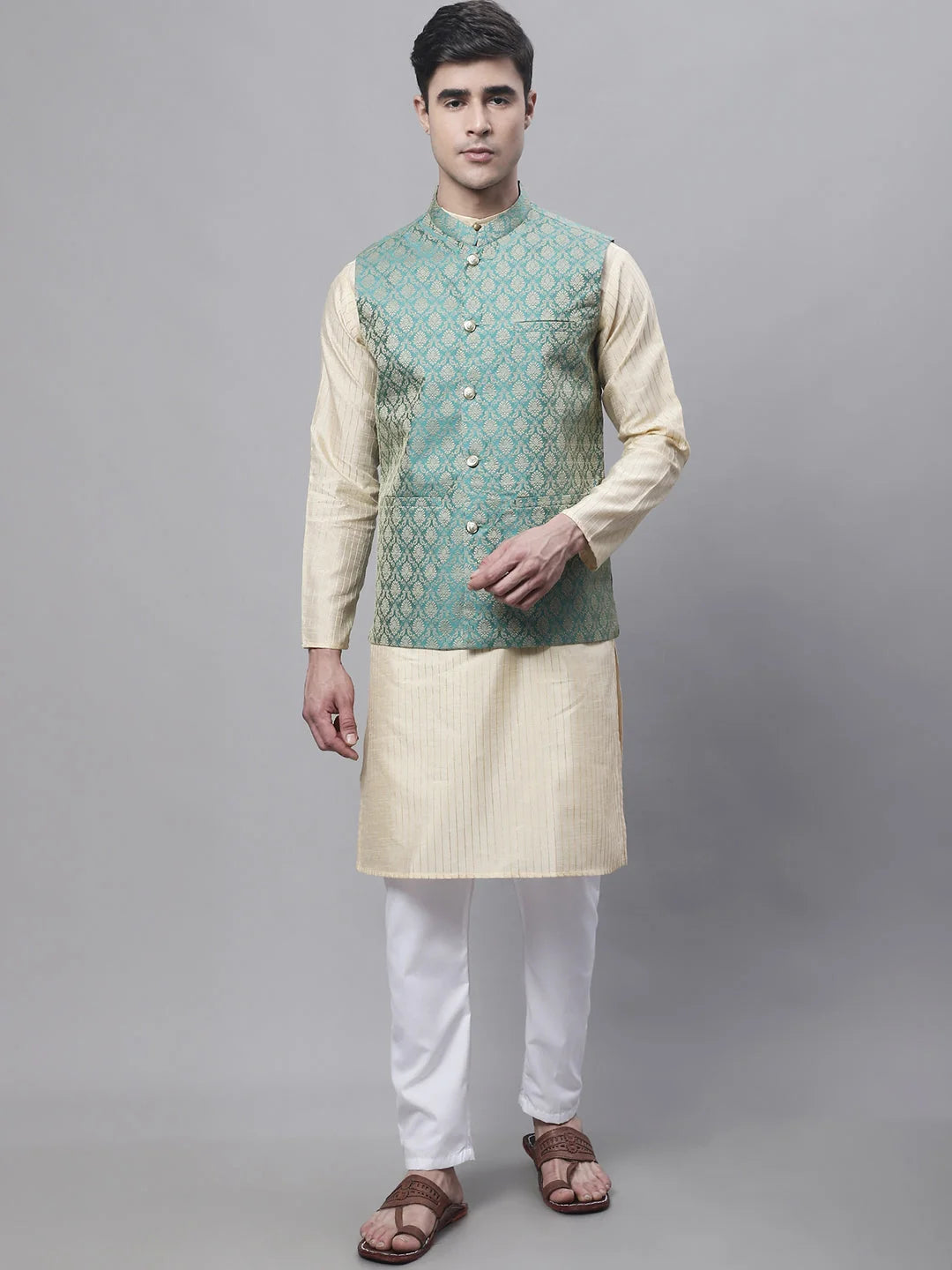 Beige Embroidered Kurta Pajama with Green Woven Nehru Jacket