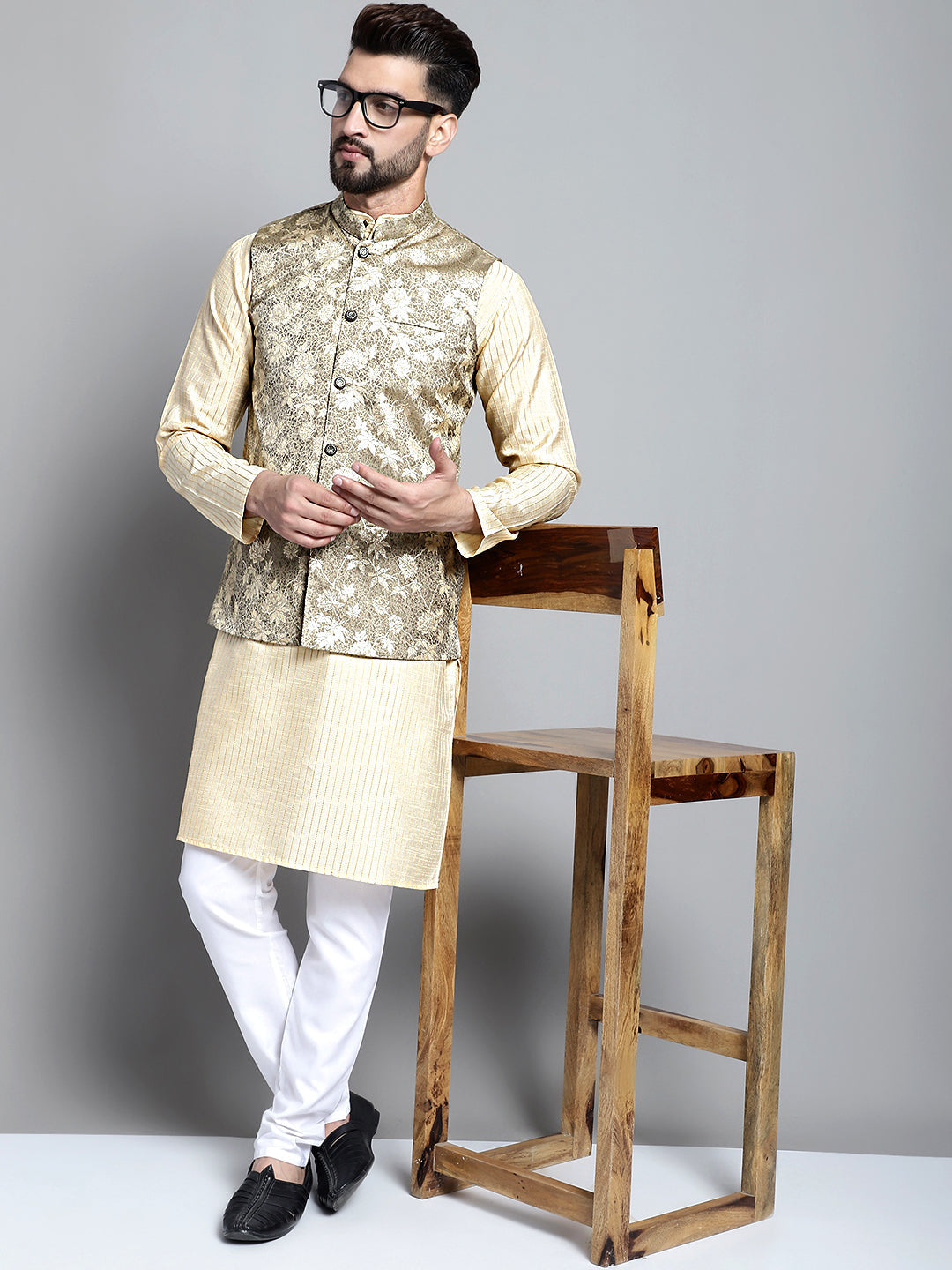 Men's Beige Embroidered Kurta Pyjama With Woven Design Nehru Jacket-666BG