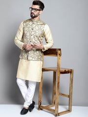 Men's Beige Embroidered Kurta Pyjama With Woven Design Nehru Jacket-666BG