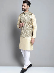 Men's Beige Embroidered Kurta Pyjama With Woven Design Nehru Jacket-666BG
