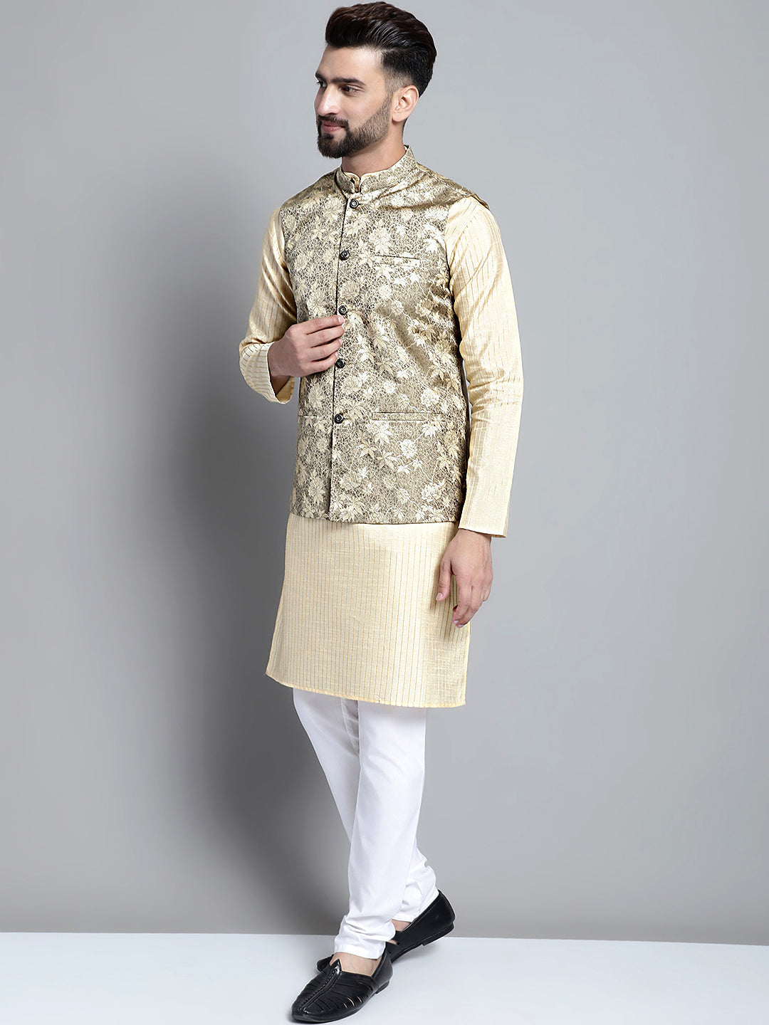 Beige Embroidered Kurta Pajama with Nehru Jacket | Mens Kurta