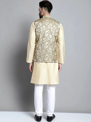 Men's Beige Embroidered Kurta Pyjama With Woven Design Nehru Jacket-666BG