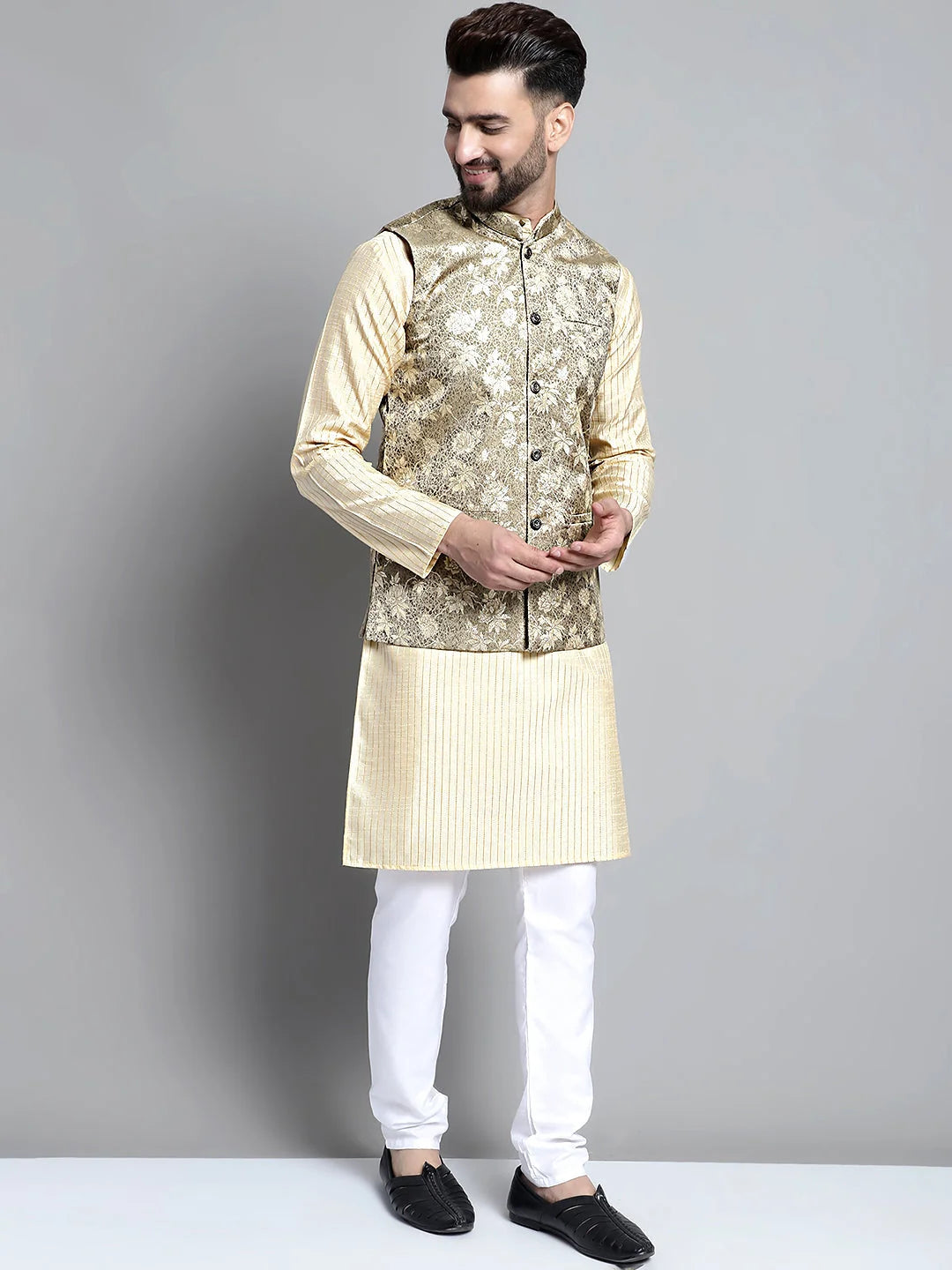 Beige Embroidered Kurta Pajama with Nehru Jacket | Mens Kurta