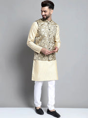 Men's Beige Embroidered Kurta Pyjama With Woven Design Nehru Jacket-666BG
