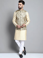 Men's Beige Embroidered Kurta Pyjama With Woven Design Nehru Jacket-666BG