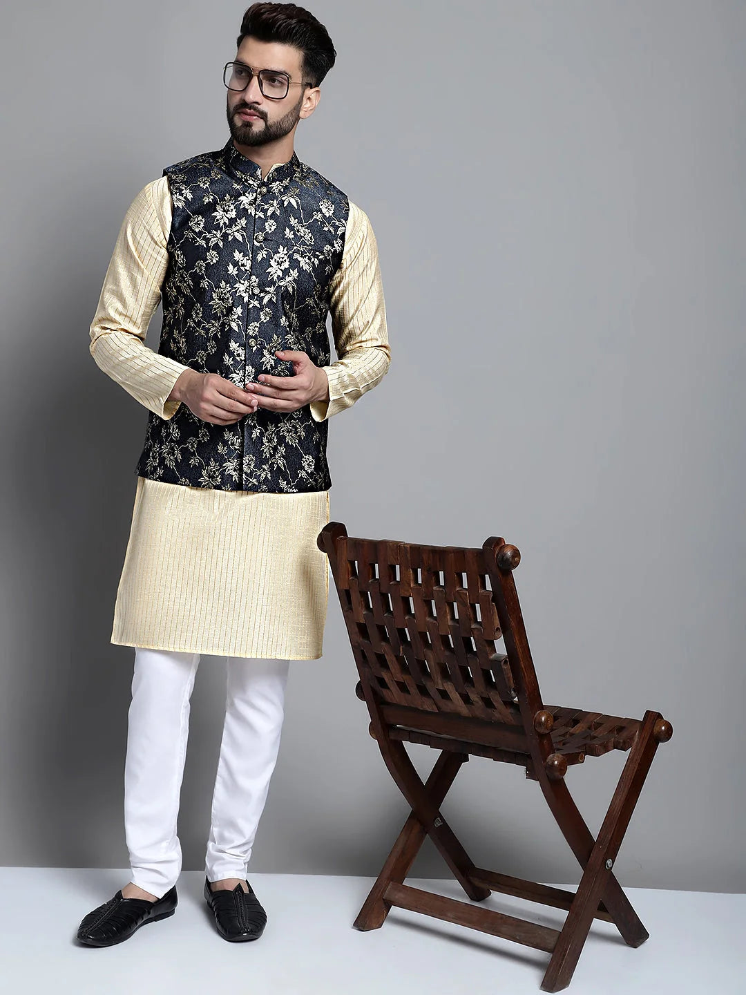 Mens Kurta Pajama Set - Beige Kurta with Woven Nehru Jacket