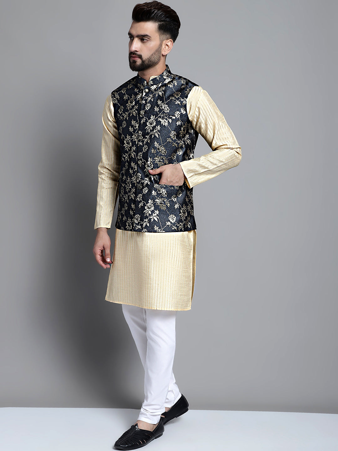 Mens Kurta Pajama Set - Beige Kurta with Woven Nehru Jacket