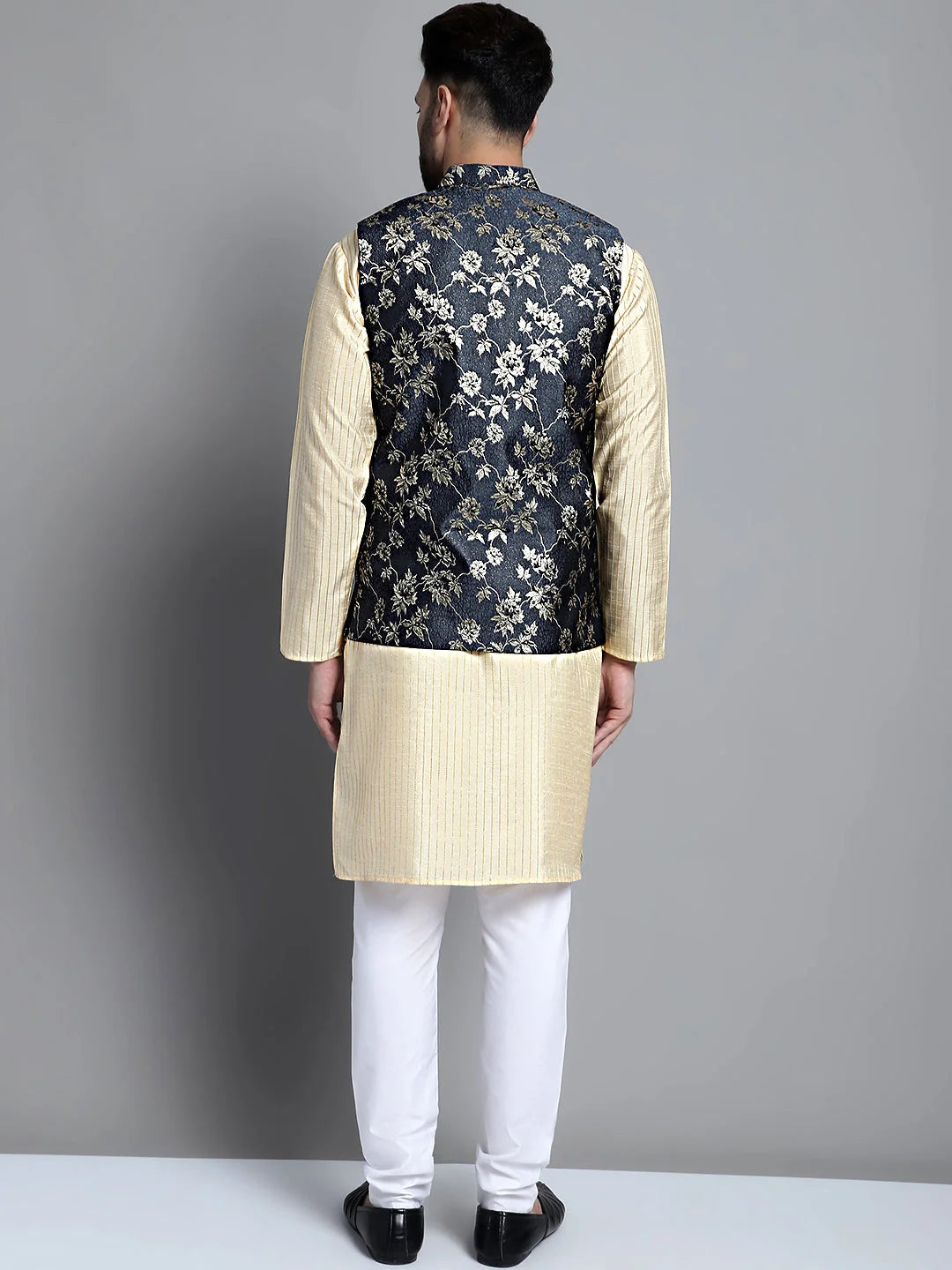 Mens Kurta Pajama Set - Beige Kurta with Woven Nehru Jacket