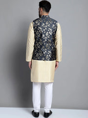 Men's Beige Embroidered Kurta Pyjama With Woven Design Nehru Jacket-JOKPWC