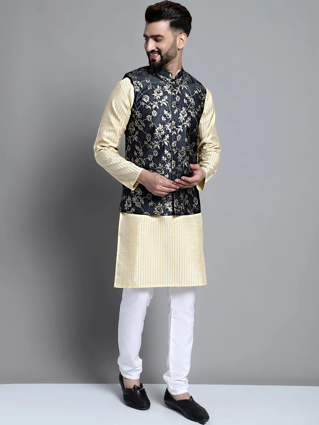 Mens Kurta Pajama Set - Beige Kurta with Woven Nehru Jacket