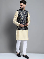 Men's Beige Embroidered Kurta Pyjama With Woven Design Nehru Jacket-JOKPWC