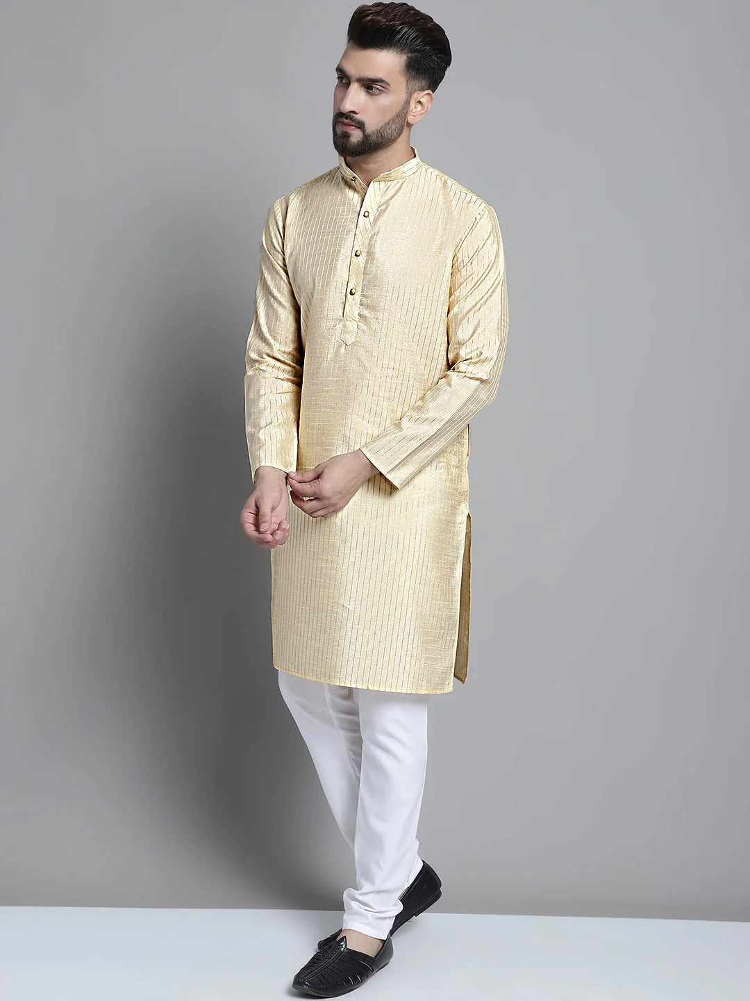 Mens Kurta Pajama Set - Beige Kurta with Woven Nehru Jacket