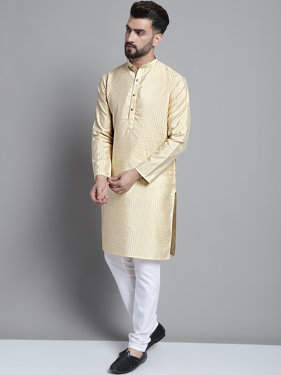 Mens Kurta Pajama Set - Beige Kurta with Woven Nehru Jacket