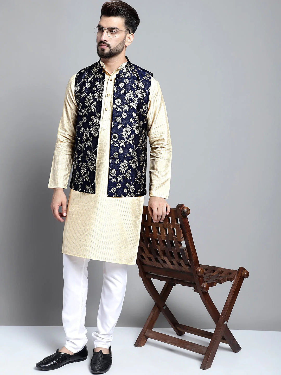 Beige Kurta Pajama Set with Nehru Jacket - Mens Kurta Pajama