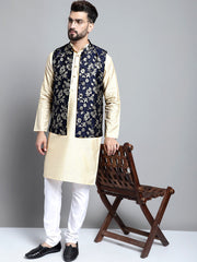 Men's Beige Embroidered Kurta Pyjama With Woven Design Nehru Jacket-4076Navy