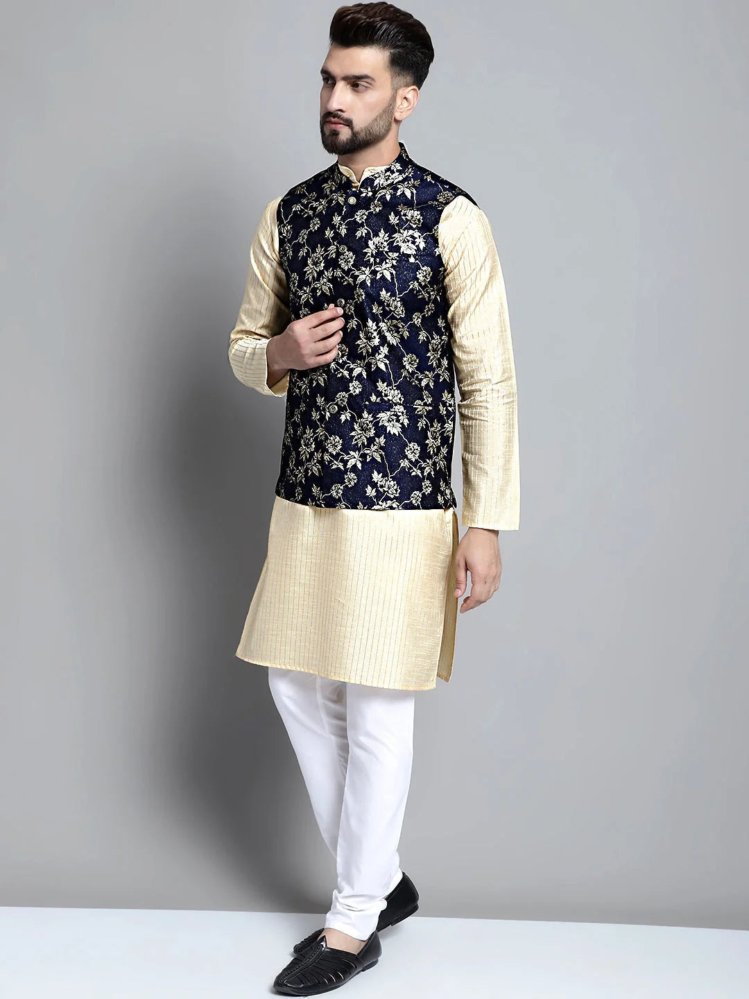 Beige Kurta Pajama Set with Nehru Jacket - Mens Kurta Pajama