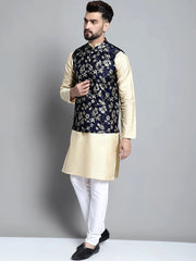 Men's Beige Embroidered Kurta Pyjama With Woven Design Nehru Jacket-4076Navy