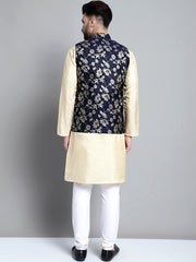 Men's Beige Embroidered Kurta Pyjama With Woven Design Nehru Jacket-4076Navy