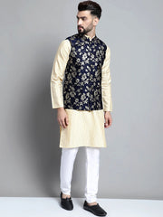 Men's Beige Embroidered Kurta Pyjama With Woven Design Nehru Jacket-4076Navy