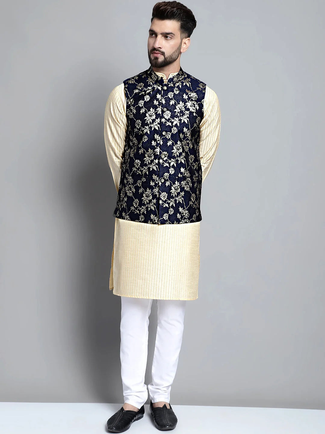 Beige Kurta Pajama Set with Nehru Jacket - Mens Kurta Pajama