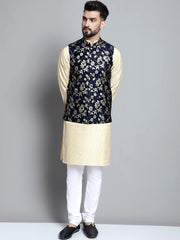 Men's Beige Embroidered Kurta Pyjama With Woven Design Nehru Jacket-4076Navy