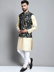 Men's Beige Embroidered Kurta Pyjama With Woven Design Nehru Jacket