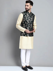 Men's Beige Embroidered Kurta Pyjama With Woven Design Nehru Jacket