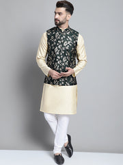 Men's Beige Embroidered Kurta Pyjama With Woven Design Nehru Jacket