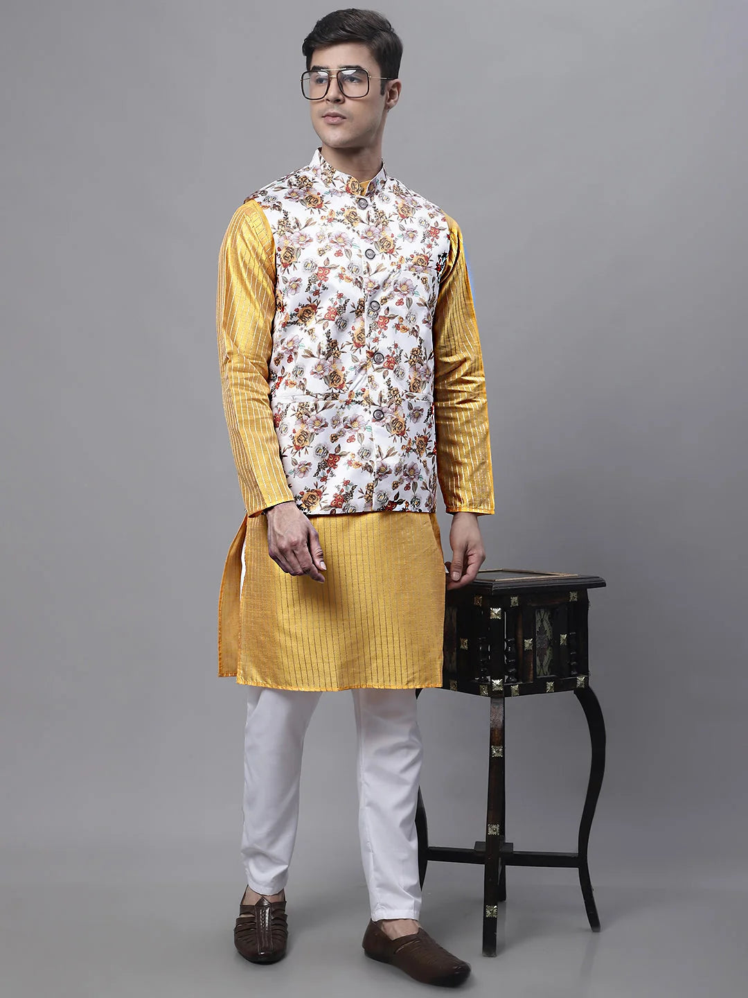 Mustard Embroidered Mens Kurta Pajama Set with Nehru Jacket