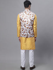 Men's Mustard Embroidered Kurta Pyjama With Wihte Printed Nehru Jacket