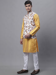 Men's Mustard Embroidered Kurta Pyjama With Wihte Printed Nehru Jacket