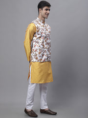 Men's Mustard Embroidered Kurta Pyjama With Wihte Printed Nehru Jacket
